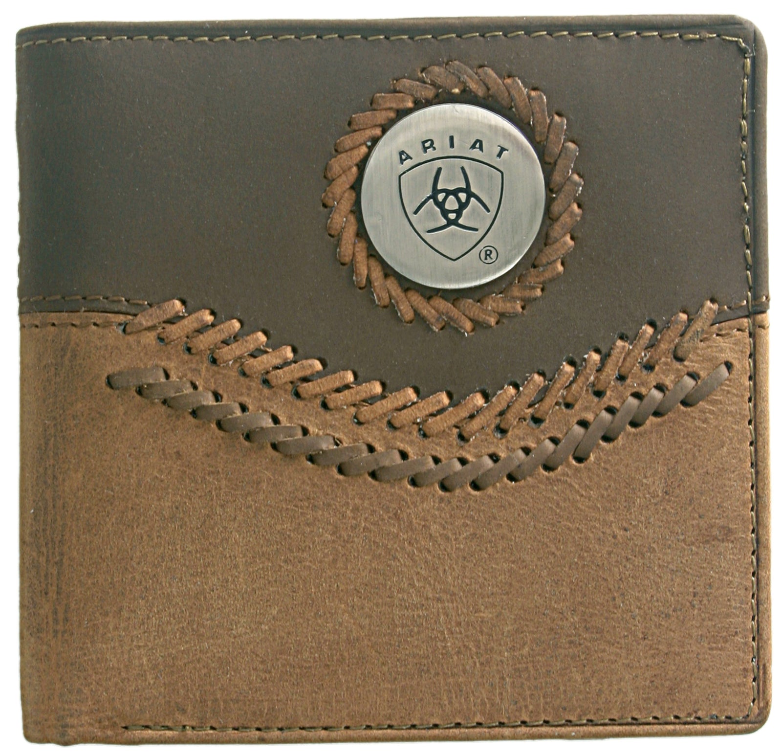Ariat Men's Bi-Fold Wallet. A bi-fold wallet made of leather with a logo on the front, predominantly brown in color.