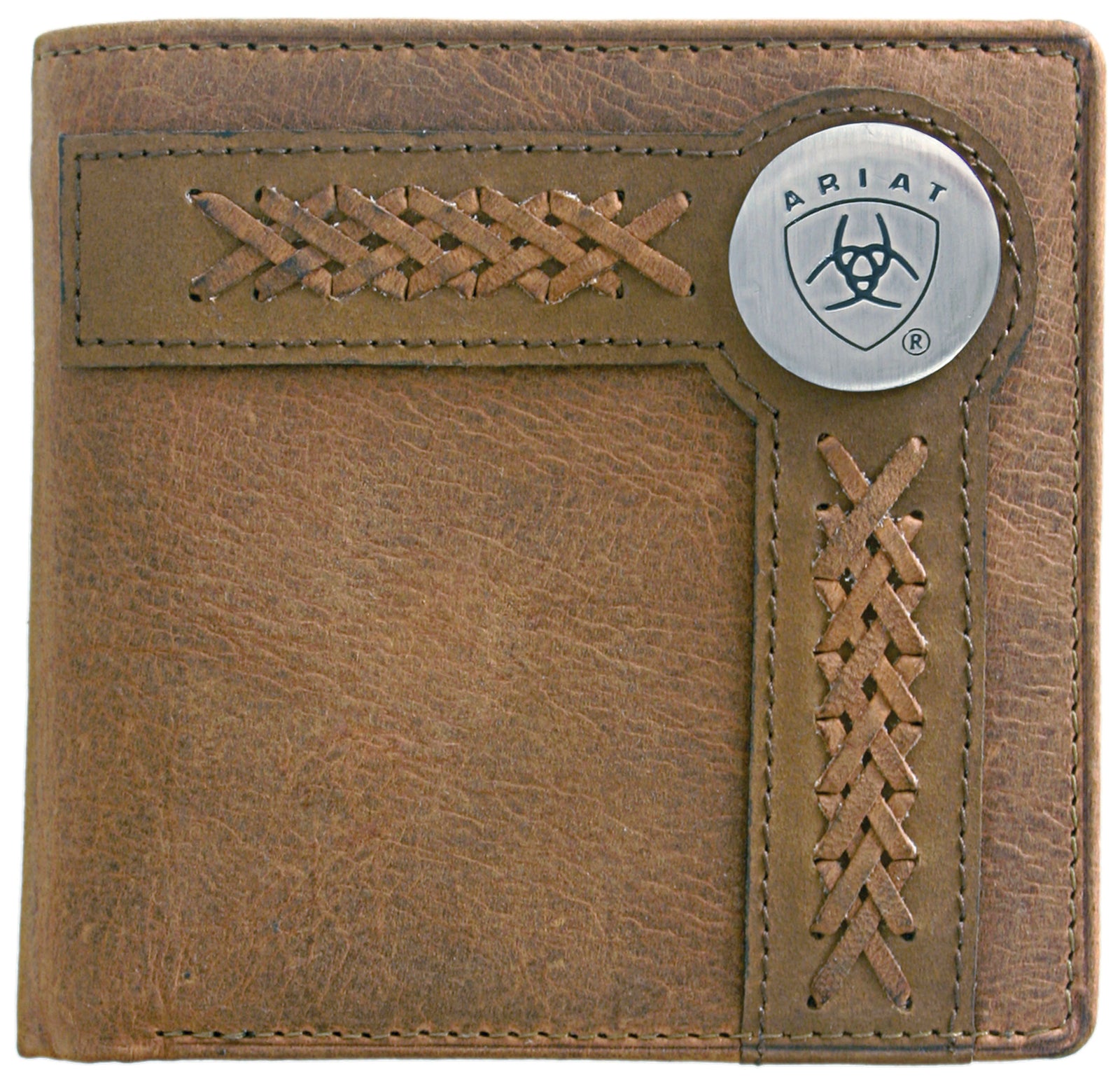Ariat Men's Bi-Fold Wallet. A bi-fold wallet made of brown leather with multiple card slots, a bill compartment, and a distinctive Ariat branding on the front.
