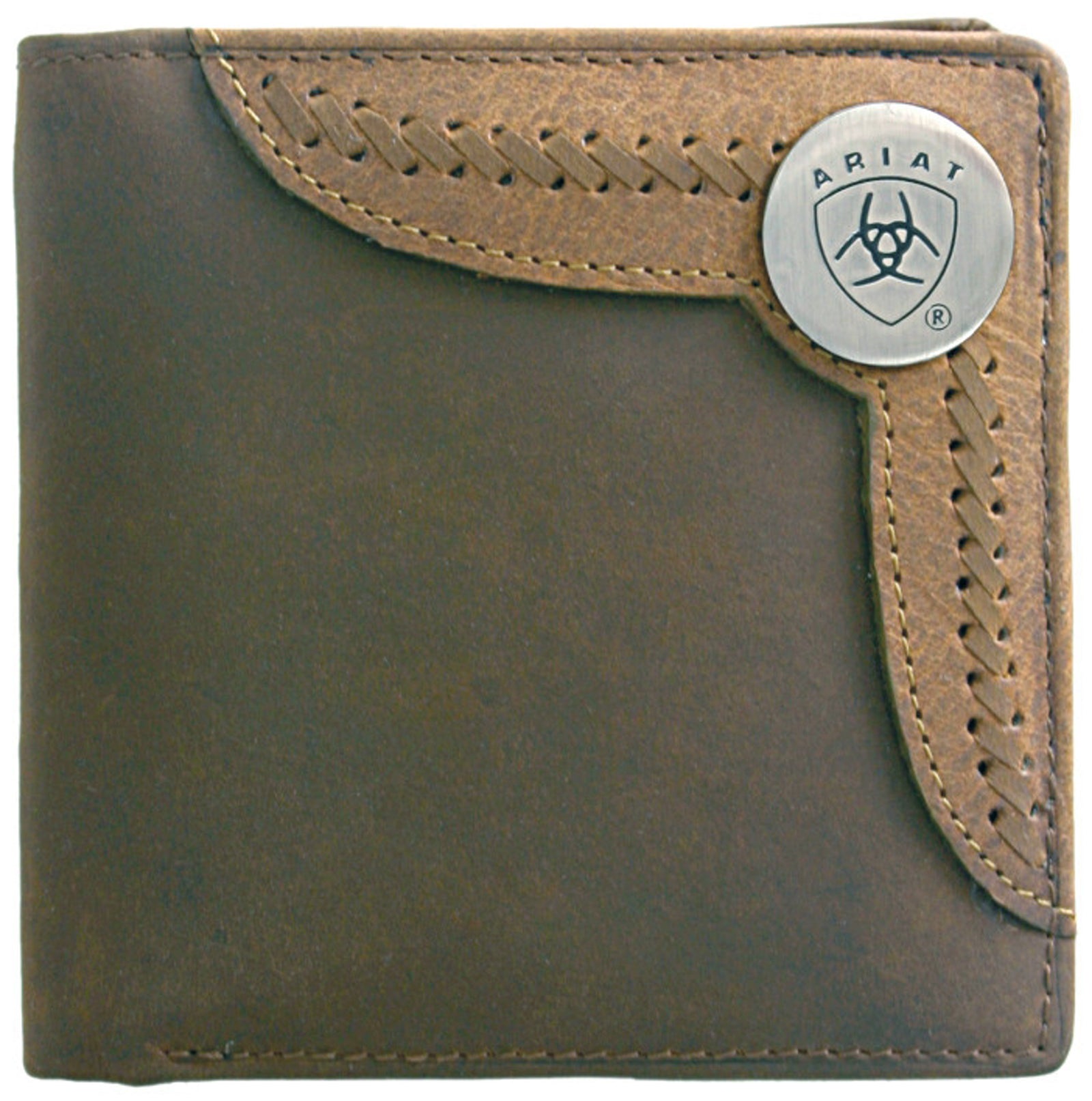 Ariat Men's Bi-Fold Wallet. A bi-fold wallet made of brown leather with multiple card slots, a bill compartment, and a unique zipped note section. It features a silver metal logo emblem on the front.