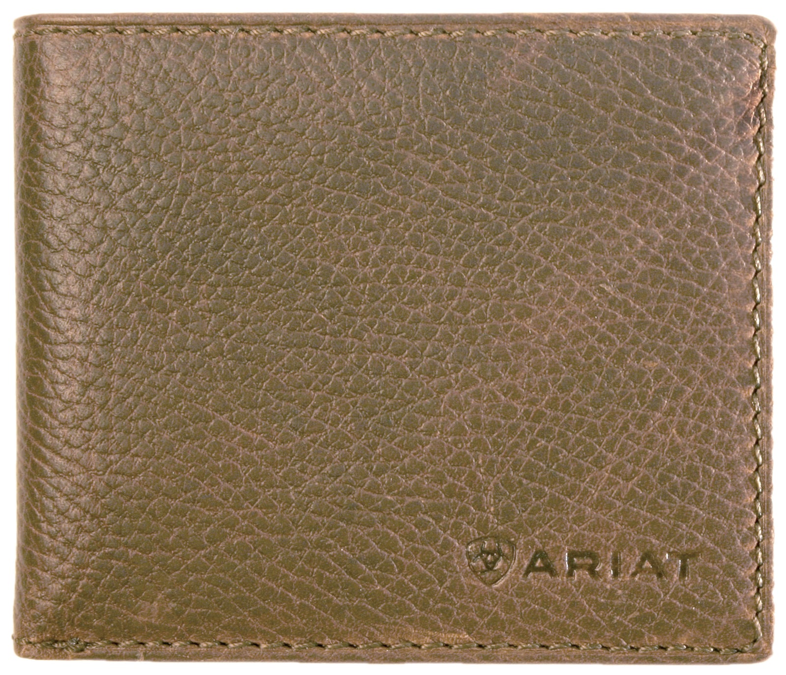 Ariat Men's Bi-Fold Wallet. A bi-fold wallet made of brown leather with multiple card slots and a branded logo on the front.
