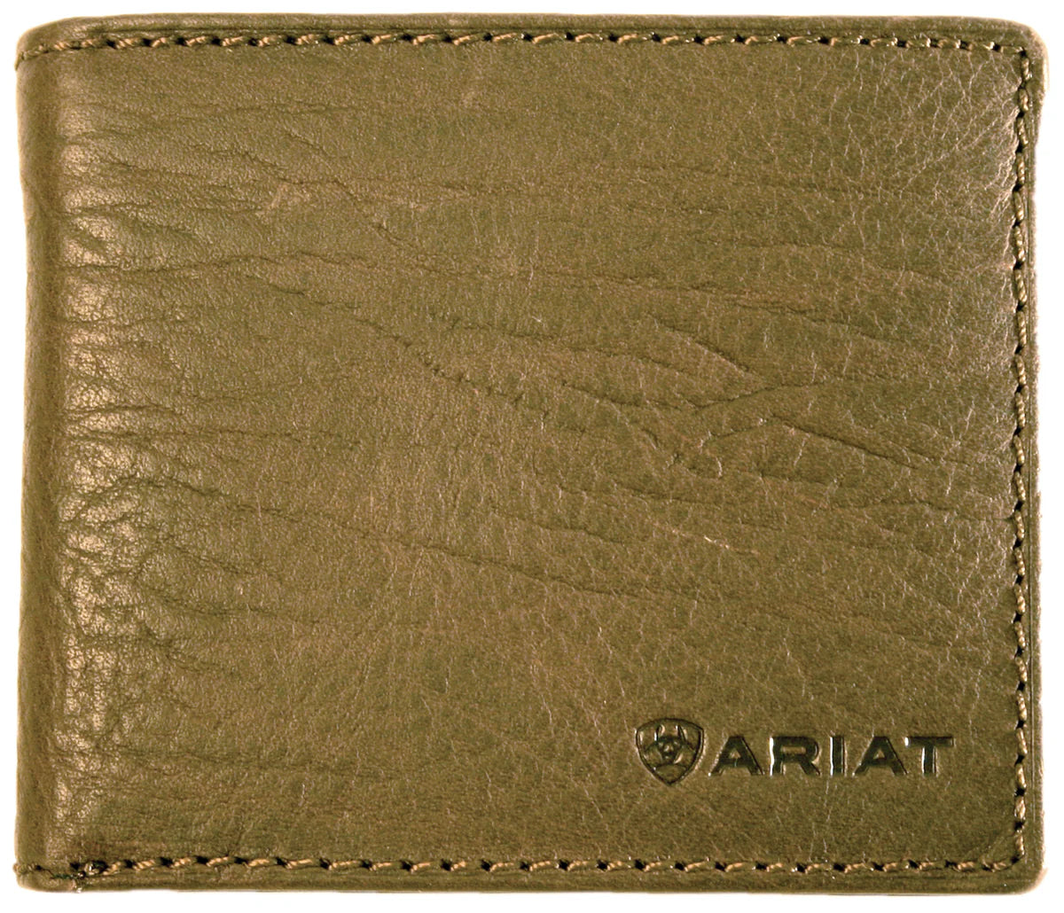 Ariat Men's Bi-Fold Wallet. Brown leather wallet with Ariat logo on a white background