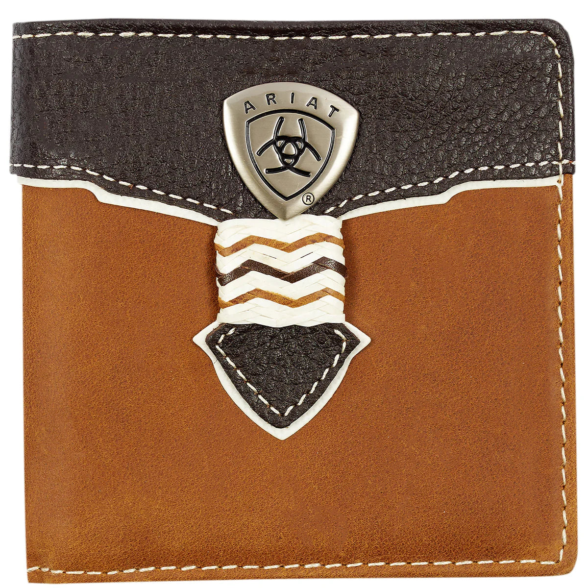 Ariat Men's Bi-Fold Wallet. A bi-fold wallet with a combination of brown and black colors, featuring a metal logo emblem on the front.