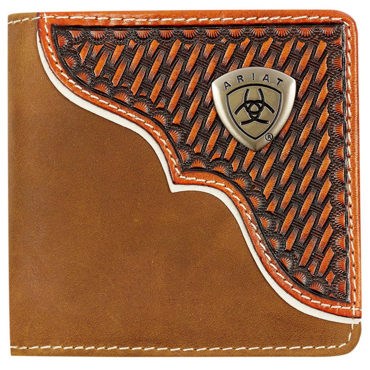 Ariat Men's Bi-Fold Wallet. A bi-fold wallet with a combination of brown and orange leather featuring a geometric pattern and the Ariat brand emblem.