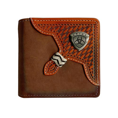 Ariat Men's Bi-Fold Wallet. A bi-fold wallet made of brown leather with multiple card slots, a bill compartment, and a unique zipped note section. It features a metal logo emblem on the front.