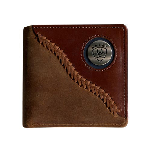 Ariat Men's Bi-Fold Wallet. A bi-fold leather wallet with a combination of brown and dark brown colors, featuring multiple card slots, a bill compartment, and a branded coin pocket.