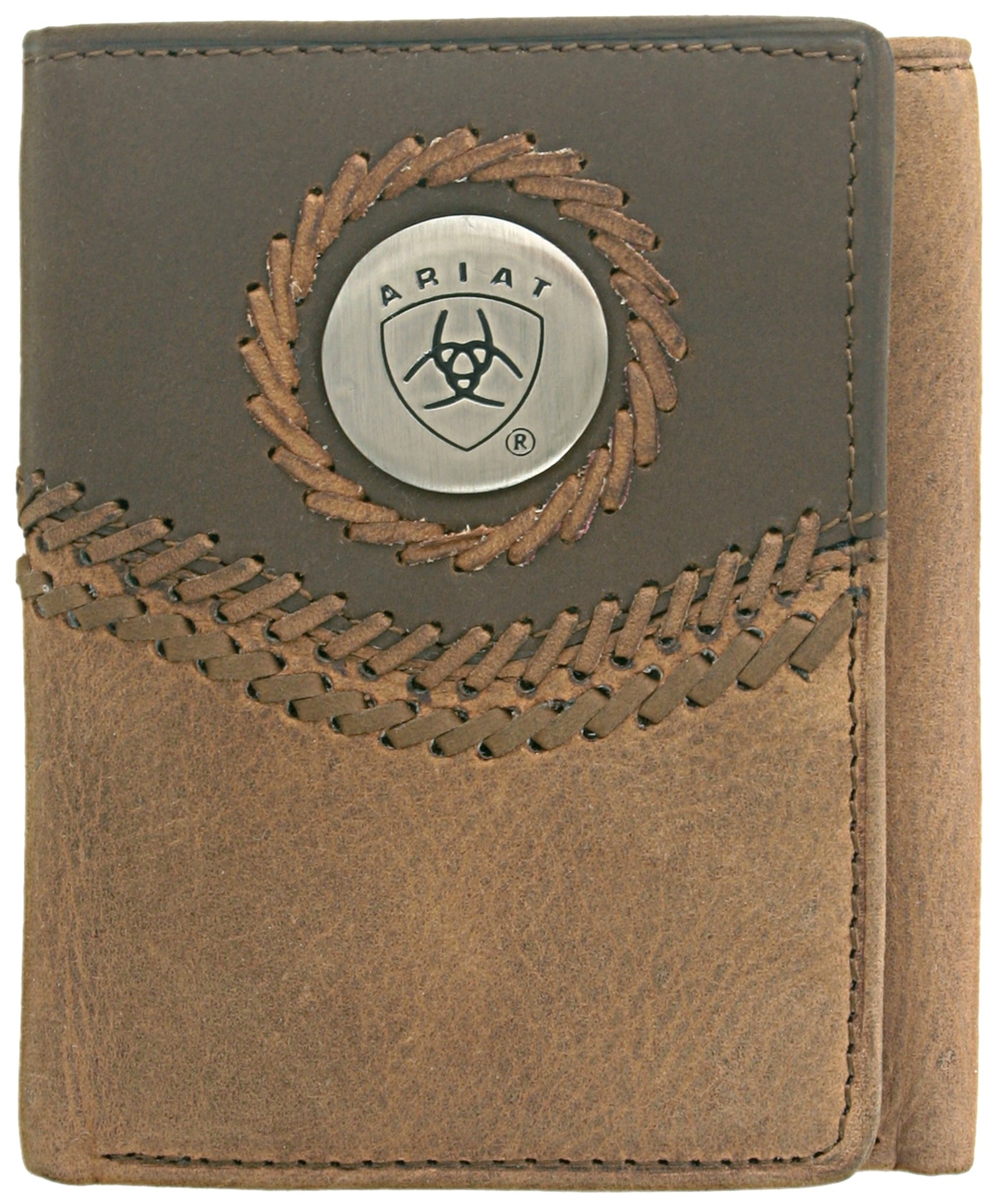Ariat Men's Tri-Fold Wallet in brown color with the brand's logo on the front.
