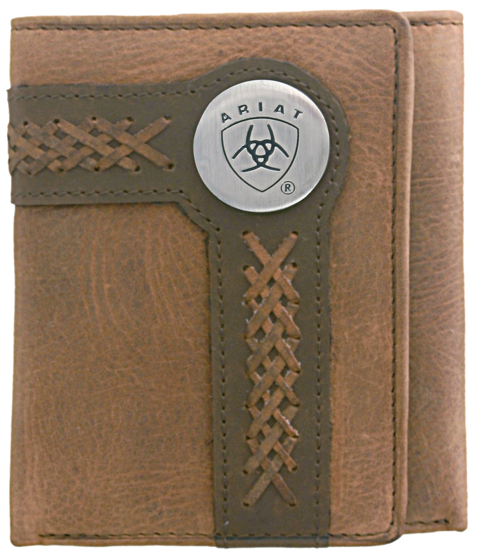 Ariat Men's Tri-Fold Wallet in brown with a metal Ariat logo medallion on the front, featuring stitching details and multiple compartments.