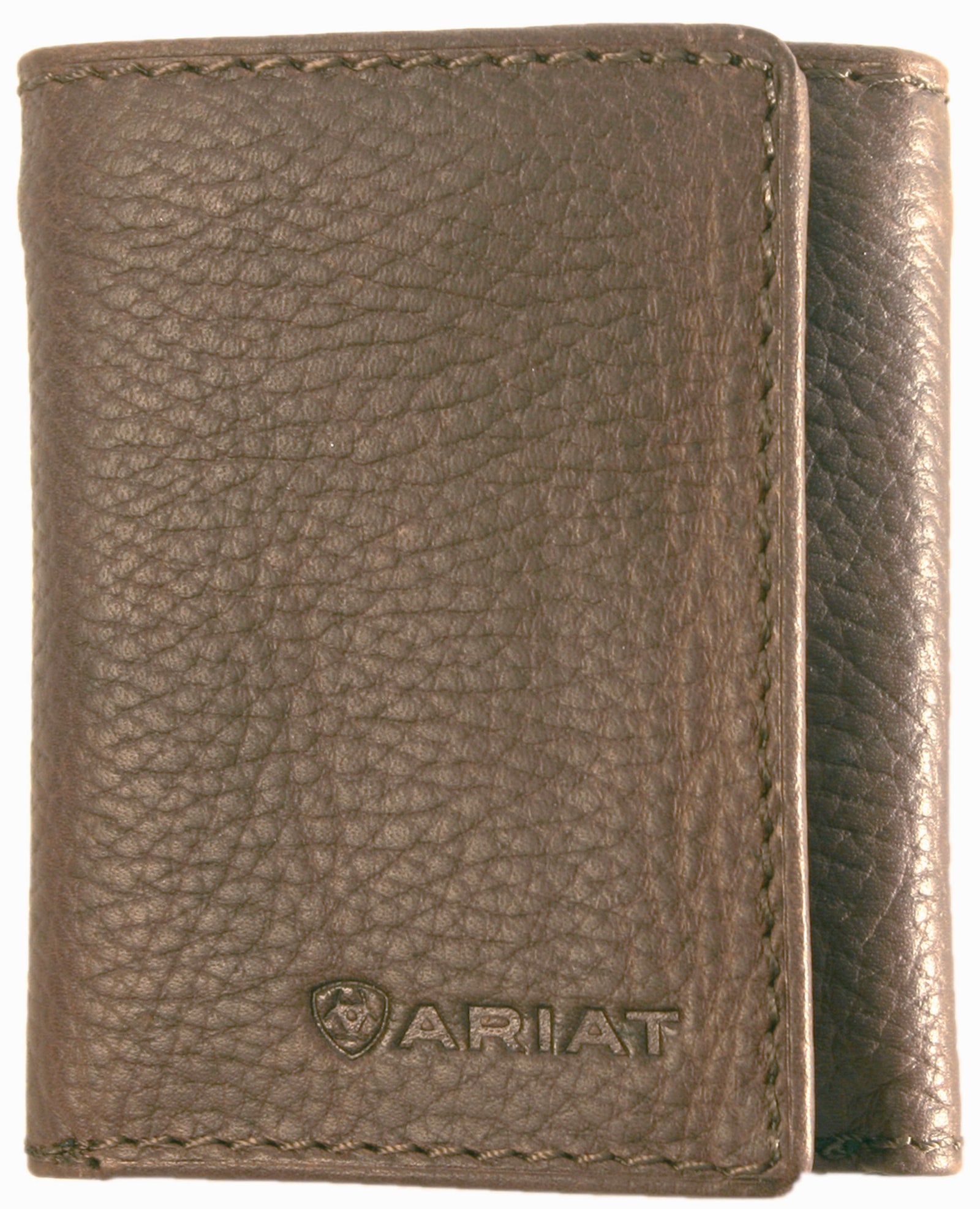 Ariat Men's Tri-Fold Wallet. A brown Ariat men's tri-fold wallet with the brand logo visible on the front.