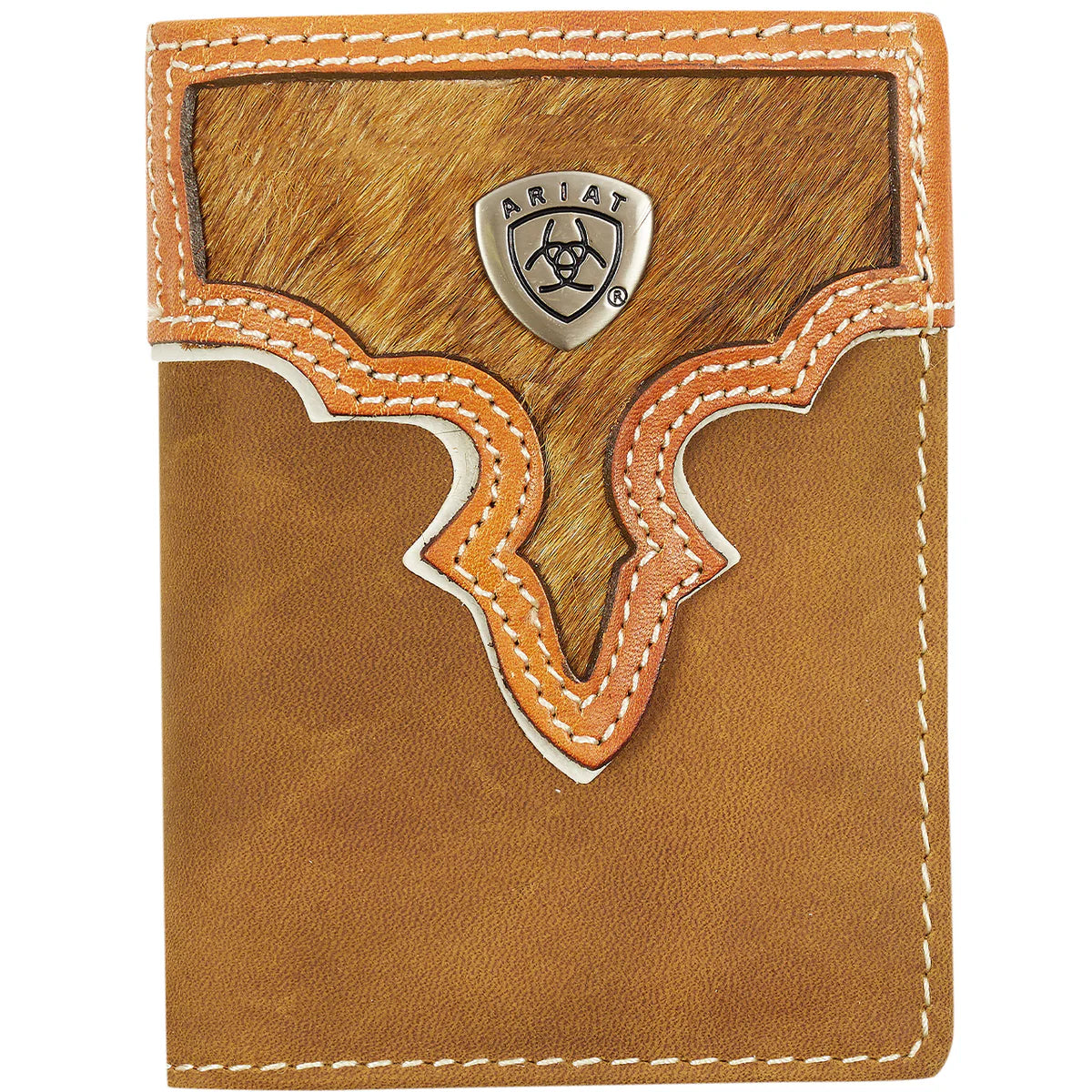 Ariat Men's Tri-Fold Wallet with a combination of brown and white colors, featuring a logo on the front.