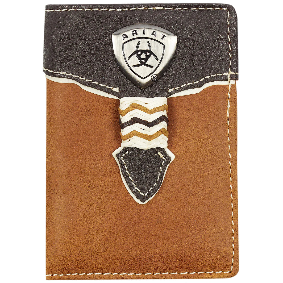 Ariat Men's Tri-Fold Wallet with a combination of brown and black colors, featuring a logo on the front and a textured design.