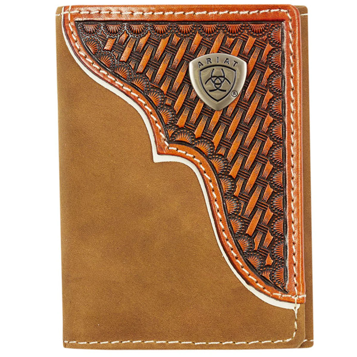 Ariat Men's Tri-Fold Wallet with a combination of brown and orange color featuring a geometric pattern on the front and the Ariat logo.
