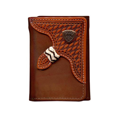 Ariat Men's Tri-Fold Wallet. A brown Ariat men's tri-fold wallet with a geometric pattern on the front and a logo emblem.