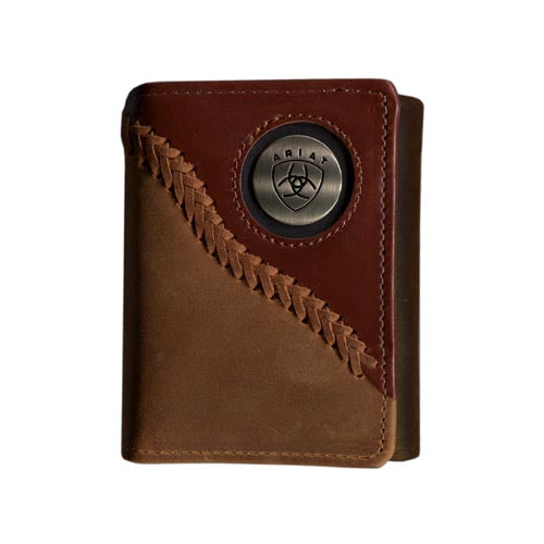 Ariat Men's Tri-Fold Wallet in brown with metal brand emblem on the front, showcasing a sleek design with stitching details.