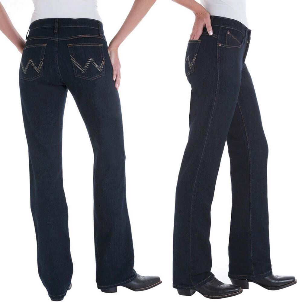 Two side-by-side images of Wrangler Women's Q-Baby Ultimate Riding Jeans, showing the front and back view of the jeans with a rider wearing black boots.