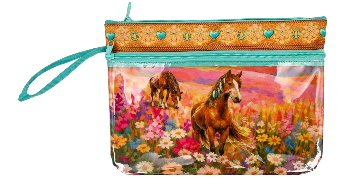 A clear plastic zip pouch with a turquoise wrist strap, featuring a printed design of two horses in a colorful wildflower field. The top trim is patterned with gold and turquoise hearts and horseshoes.