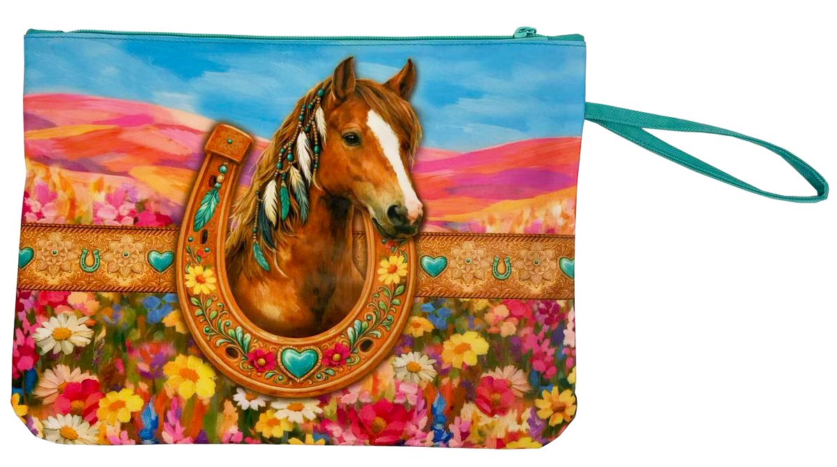 A rectangular wristlet pouch with a printed design of a brown horse head inside a decorative gold horseshoe, set against a field of colorful flowers and a blue sky. The pouch has a turquoise zipper, a matching turquoise wrist strap, and a gold western-style belt motif across the center.