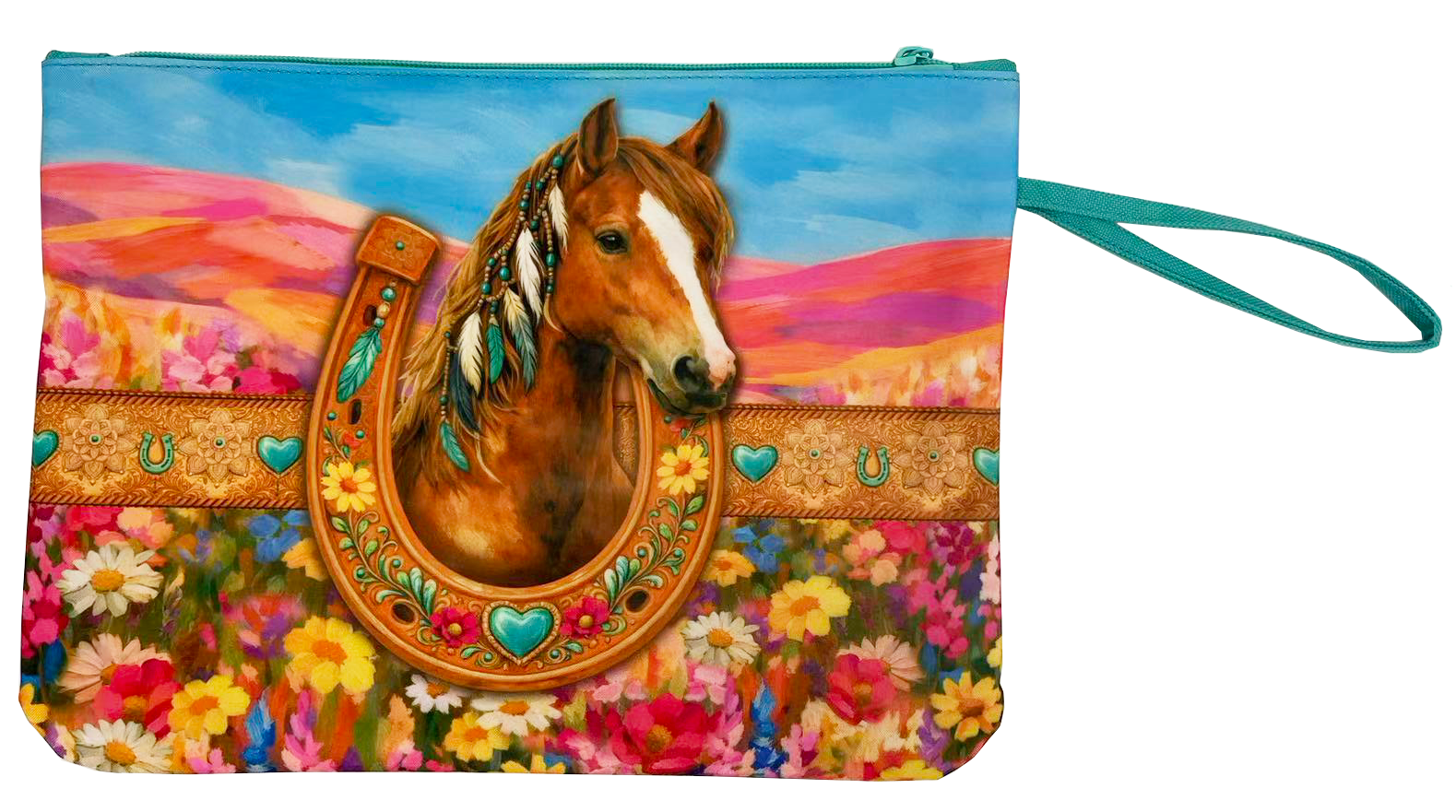 A clear plastic zip pouch with a turquoise wrist strap, featuring a printed design of two horses in a colorful wildflower field. The top trim is patterned with gold and turquoise hearts and horseshoes.