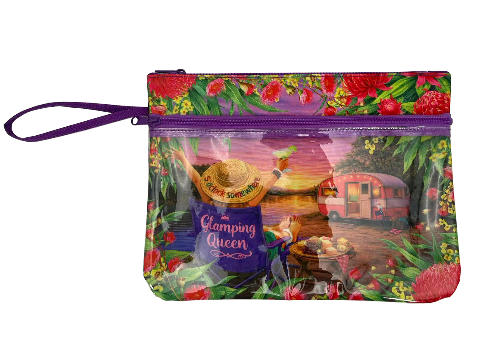 A clear zippered pouch with a purple wrist strap, featuring a colorful printed design of a woman in a straw hat next to a blue 'Glamping Queen' bucket, surrounded by tropical flowers and foliage.