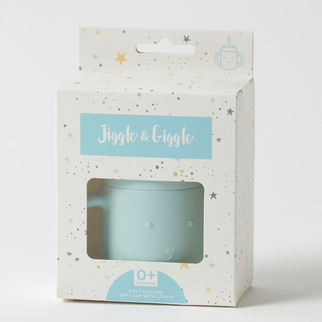 Light blue baby cup in packaging with 'Jiggle & Giggle' branding on a white background