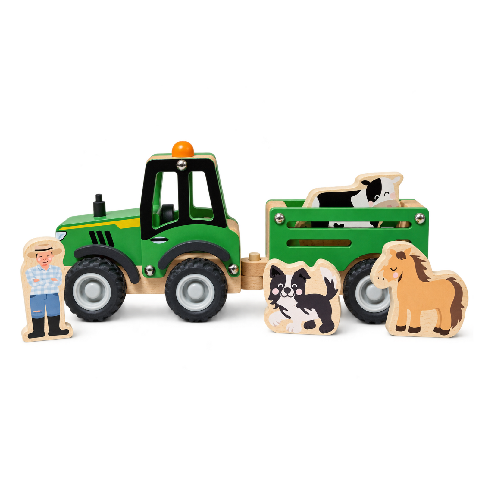 A wooden farm toy set featuring a green tractor pulling a green trailer with a cow, plus separate wooden pieces of a farmer, a dog, and a horse, photographed on a clean white background.