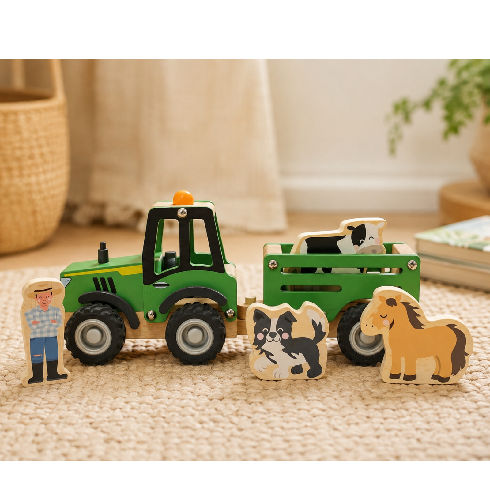 A wooden farm toy set featuring a green tractor pulling a green trailer with a cow, plus separate wooden pieces of a farmer, a dog, and a horse, photographed on a clean white background.