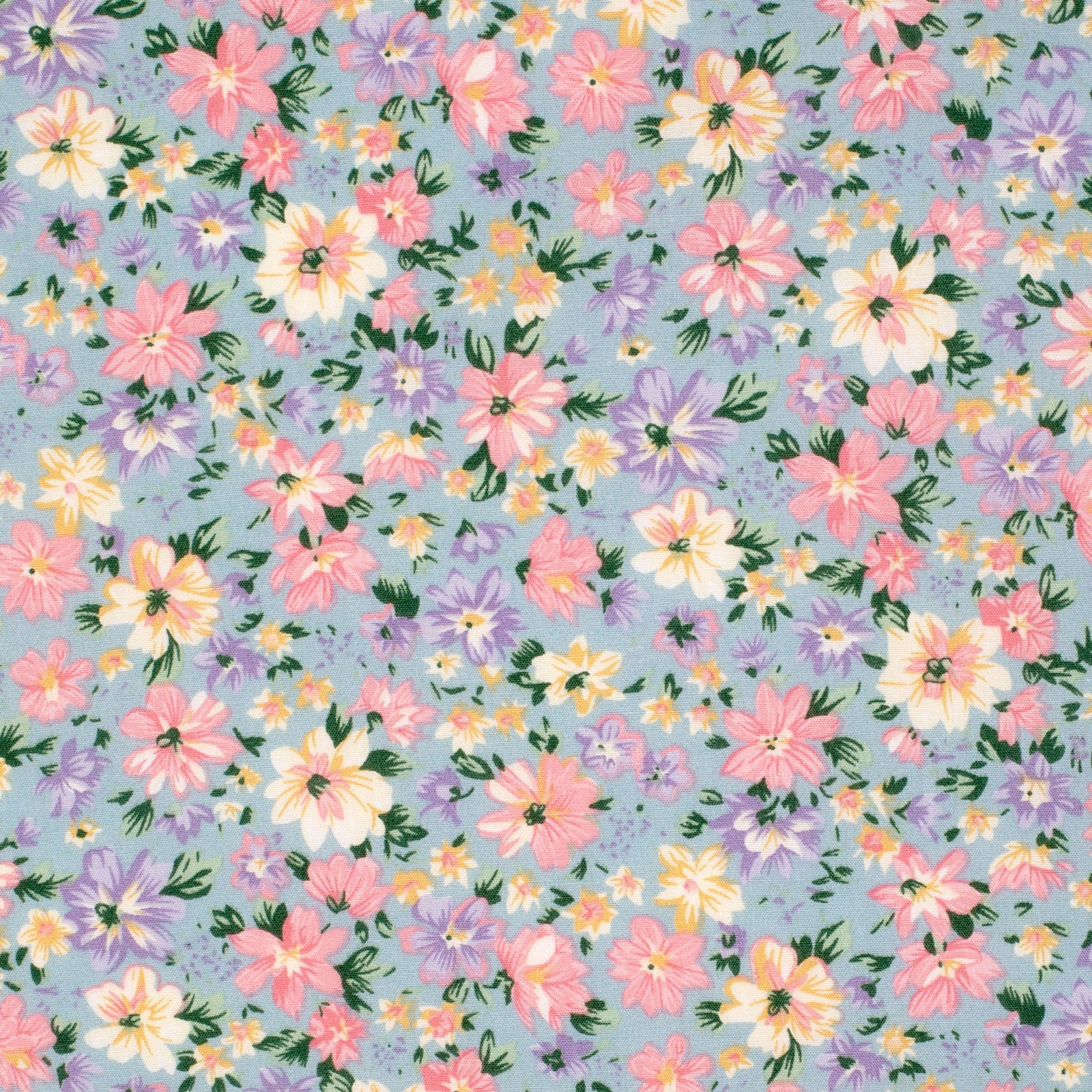 Just Country Women's Abbey Printed L/S Workshirt. Floral pattern with pink, purple, and yellow flowers on a light blue background