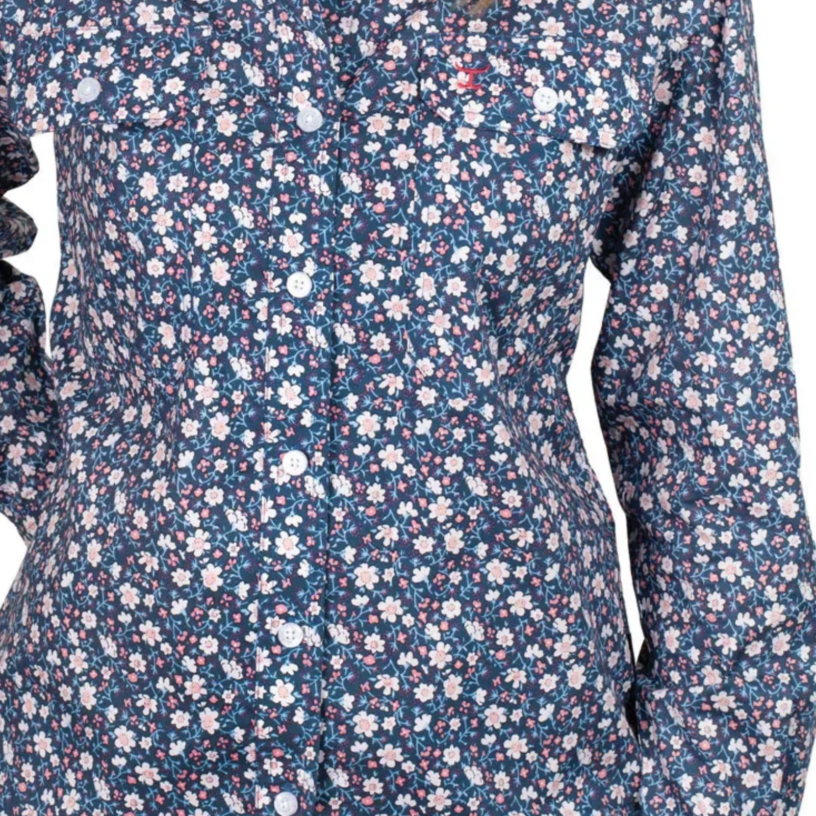 Floral patterned fabric with small flowers on a blue background
