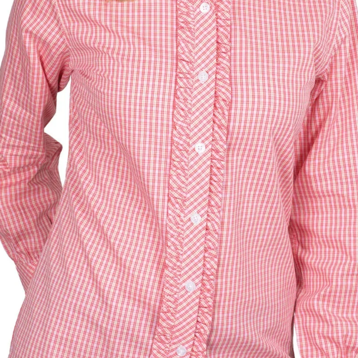 Close-up of a red and white checkered shirt with a button-up front.