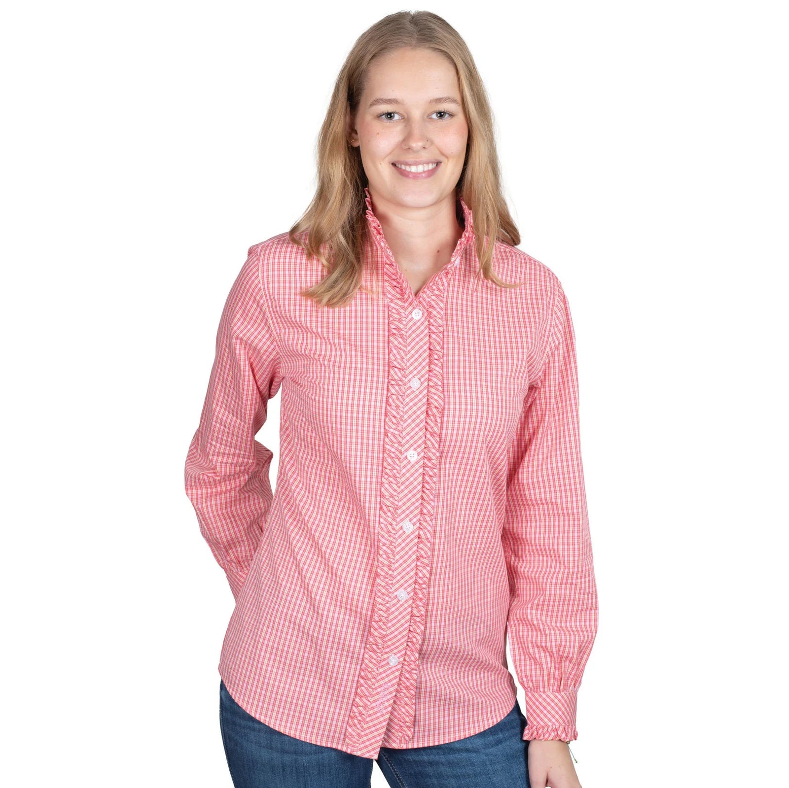 Just Country Women's Abbey Frills Full Button Print Workshirt. Woman wearing a red checkered shirt on a white background