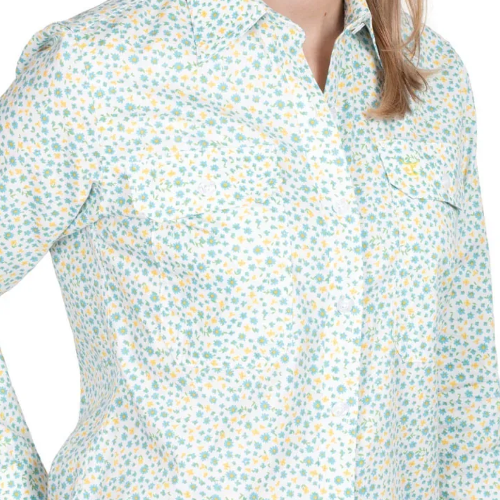 Close-up of a floral patterned shirt with a white background