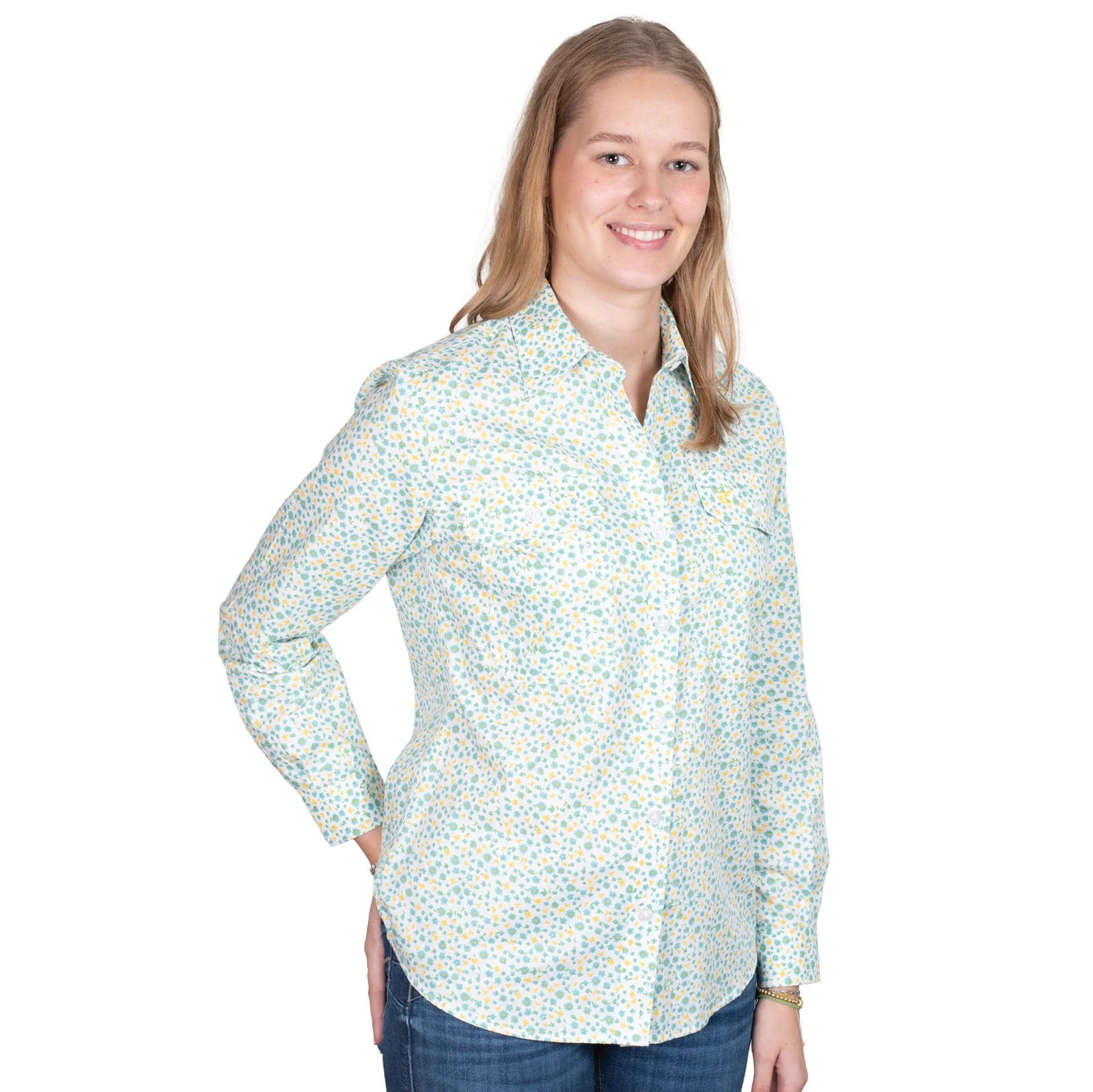 Just Country Women's Abbey Full Button Print Workshirt. Woman wearing a floral patterned shirt on a white background