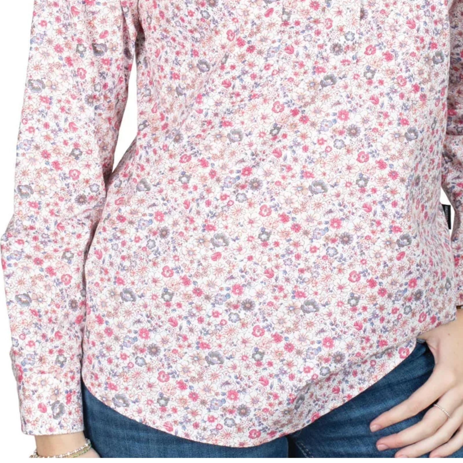 Floral patterned shirt with a focus on the fabric texture