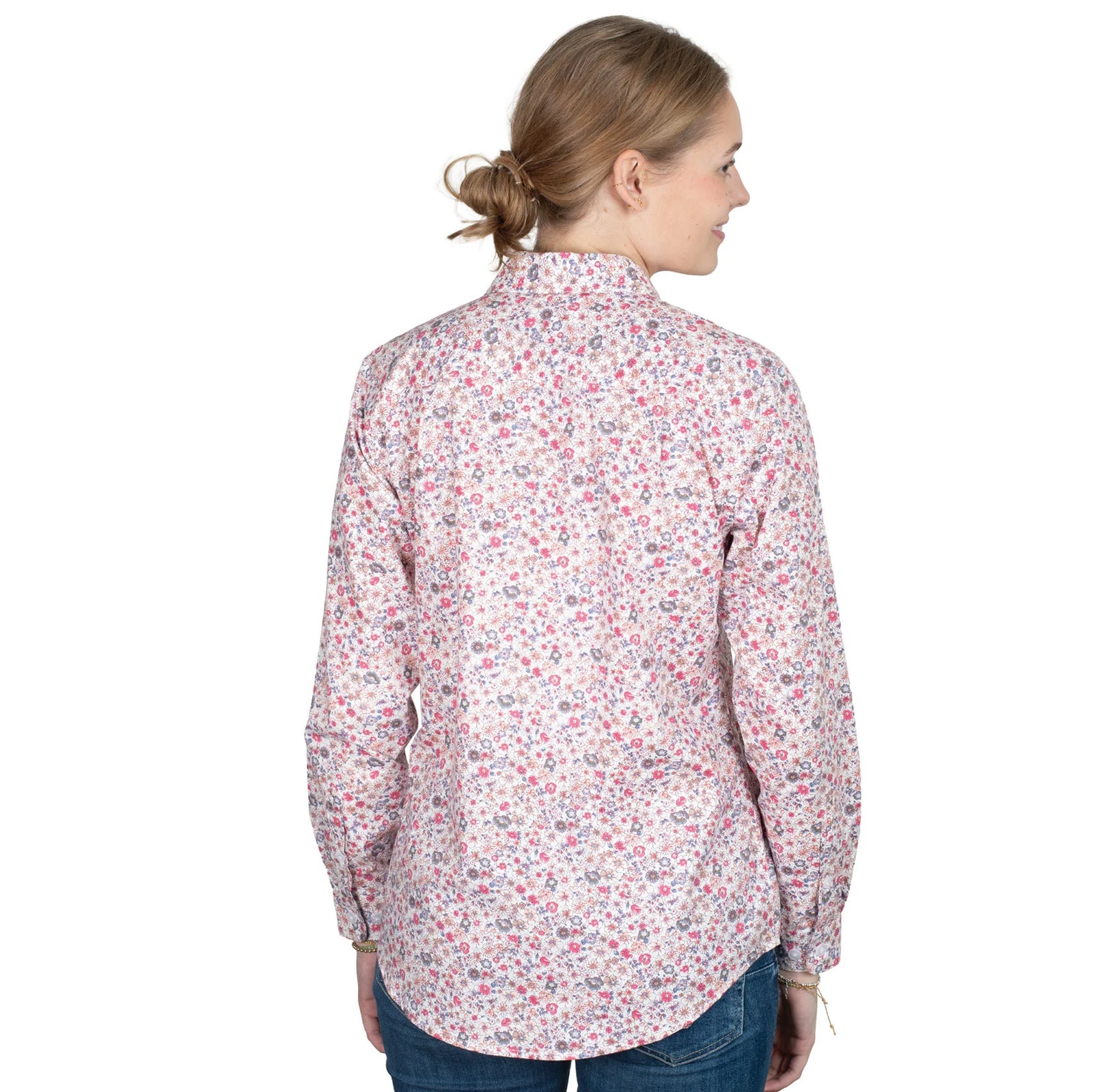 Just Country Women's Georgie Half Button Print Workshirt. Woman wearing a floral patterned shirt on a white background