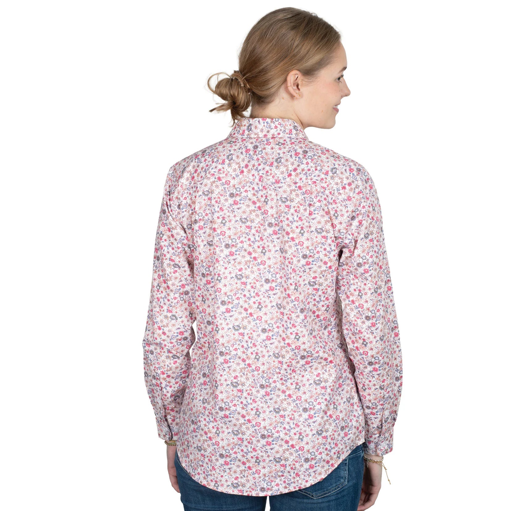 Just Country Women's Georgie Half Button Print Workshirt. Woman wearing a floral patterned shirt on a white background