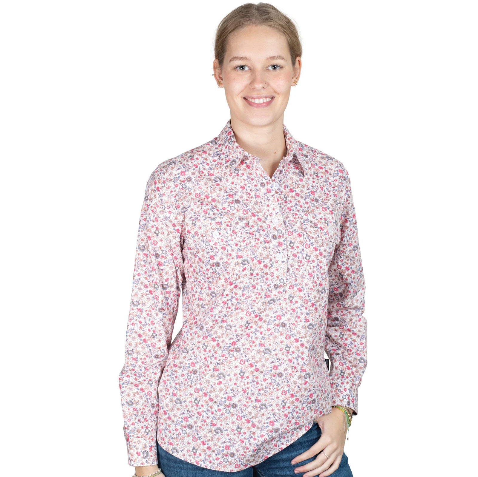 Just Country Women's Georgie Half Button Print Workshirt. Woman wearing a floral patterned shirt on a white background