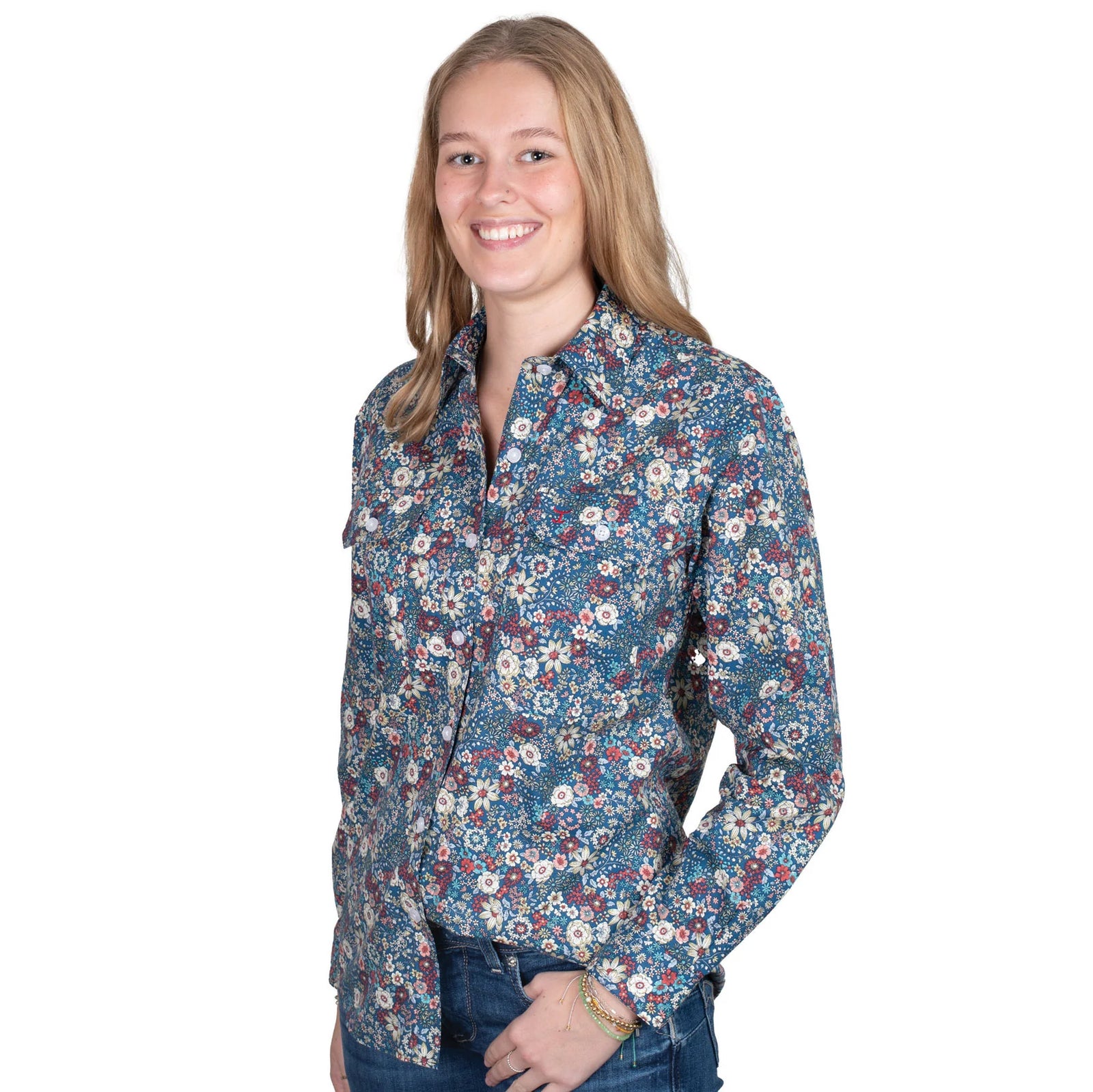 Just Country Women's Abbey Full Button Print Workshirt. Woman wearing a floral patterned shirt on a white background