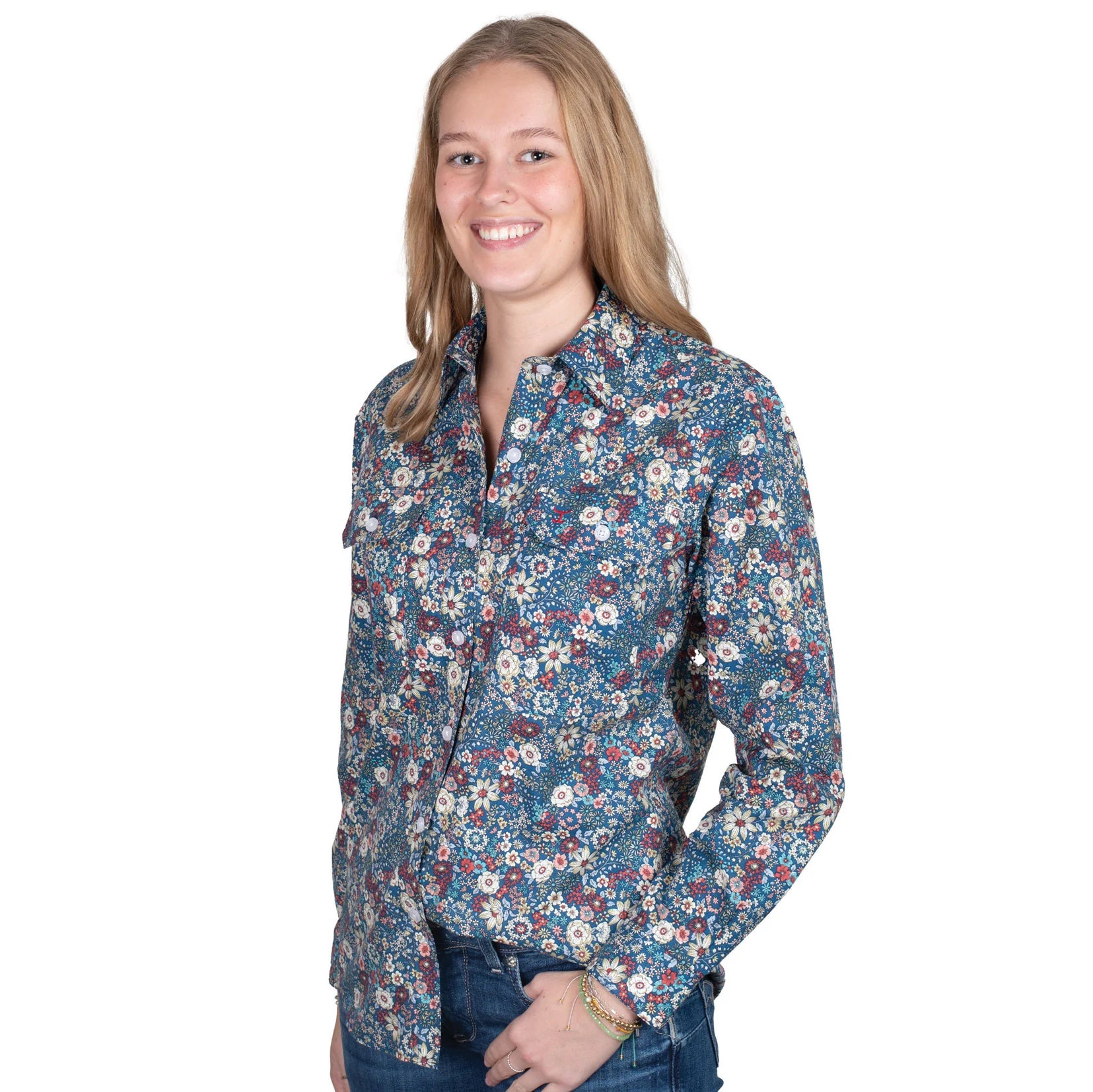Just Country Women's Abbey Full Button Print Workshirt. Woman wearing a floral patterned shirt on a white background