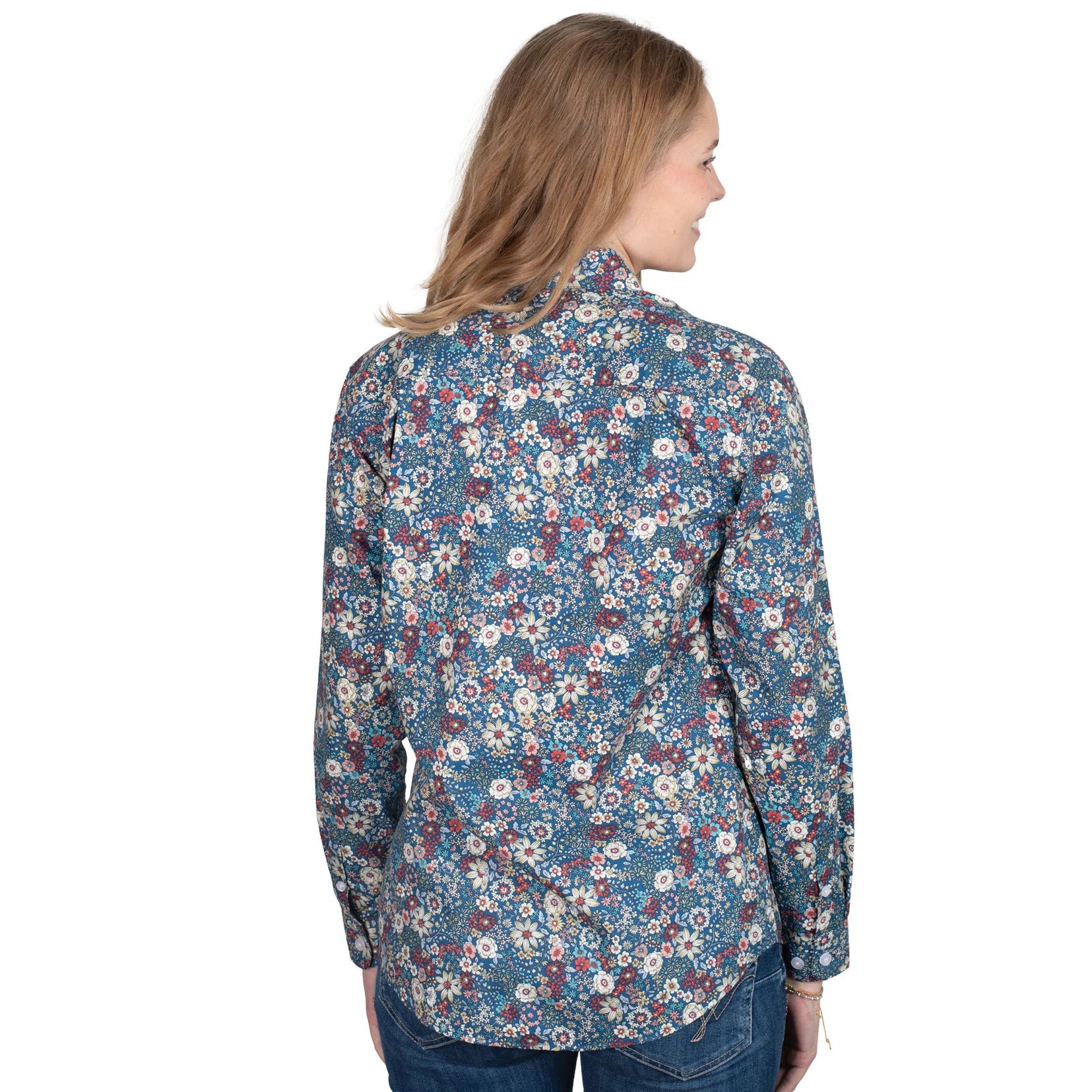 Just Country Women's Abbey Full Button Print Workshirt. Woman wearing a floral patterned shirt on a white background