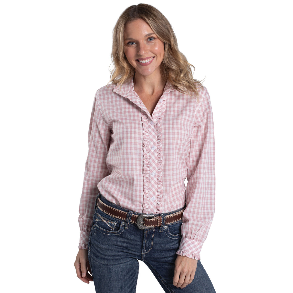 Woman wearing a pink plaid shirt and blue jeans on a white background