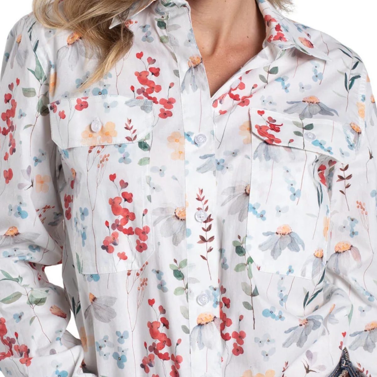 Floral patterned shirt with colorful flowers on a white background