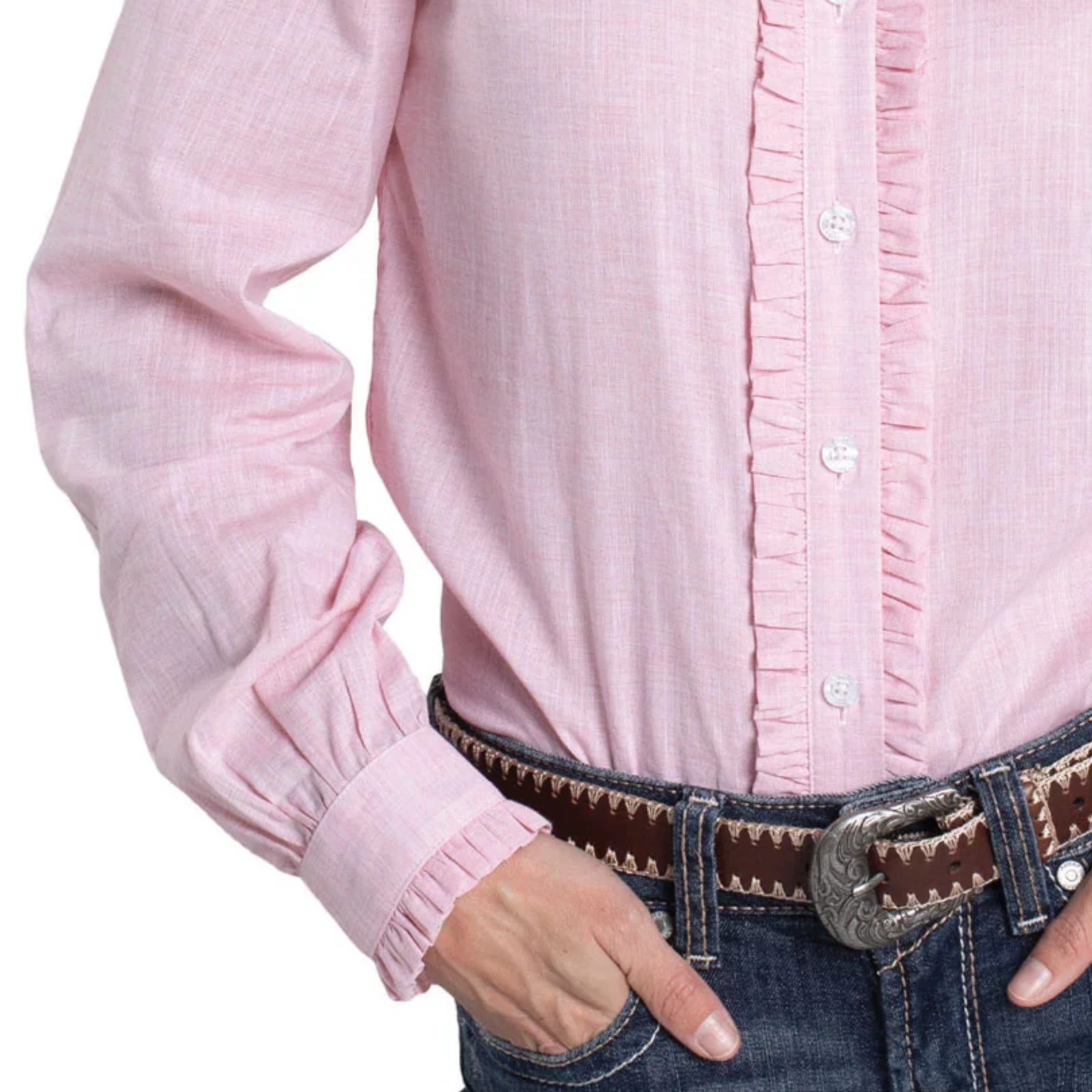 Close-up of a person wearing a pink shirt and jeans with a belt.