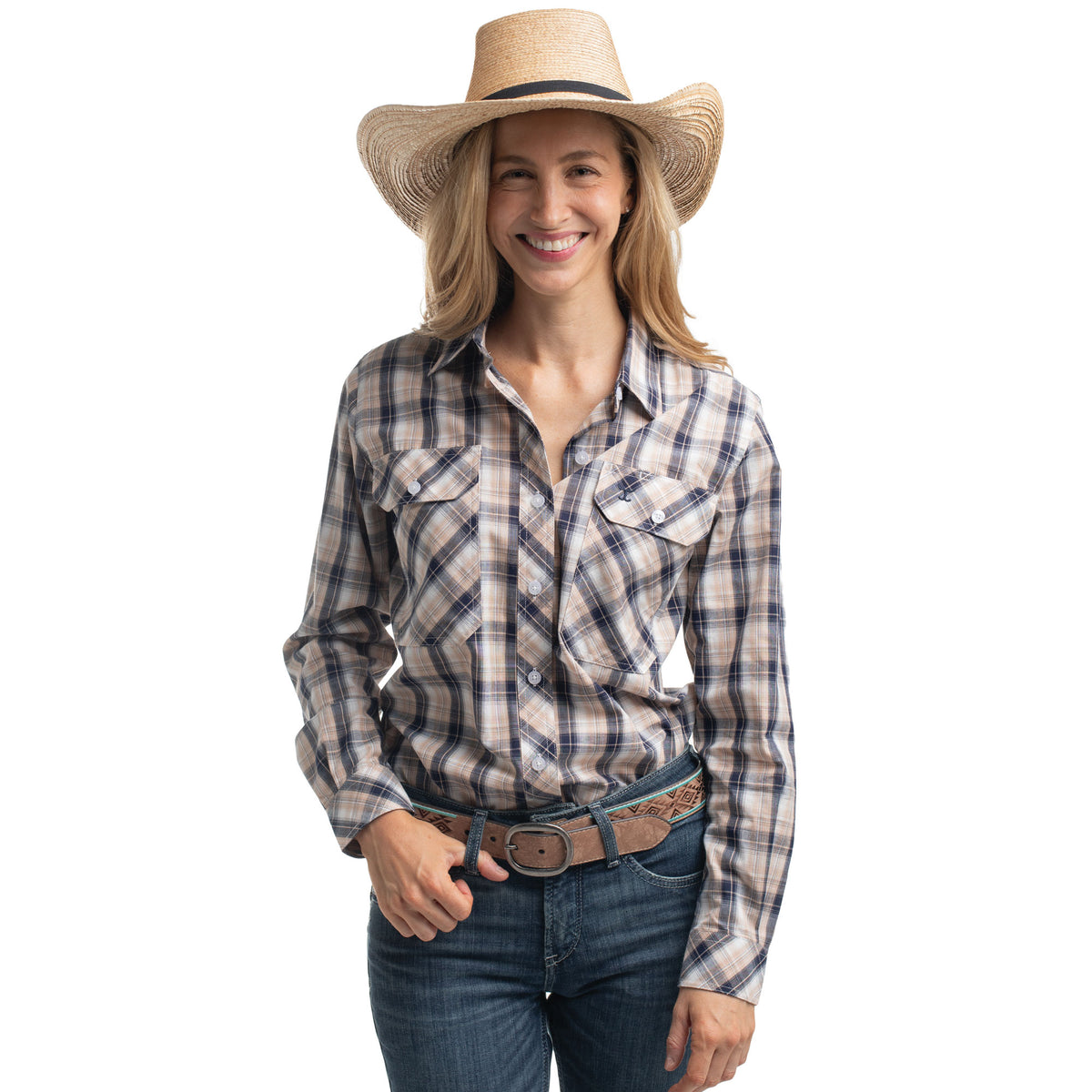 Woman wearing a plaid shirt, jeans, and a straw hat on a white background