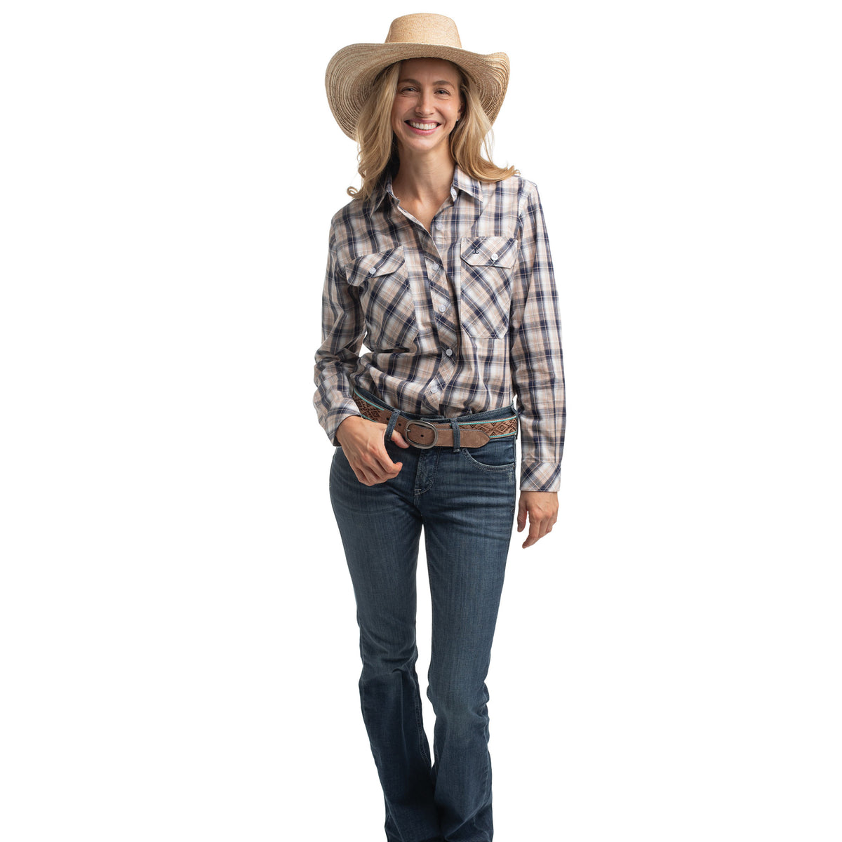 Woman wearing a plaid shirt, jeans, and a cowboy hat on a white background