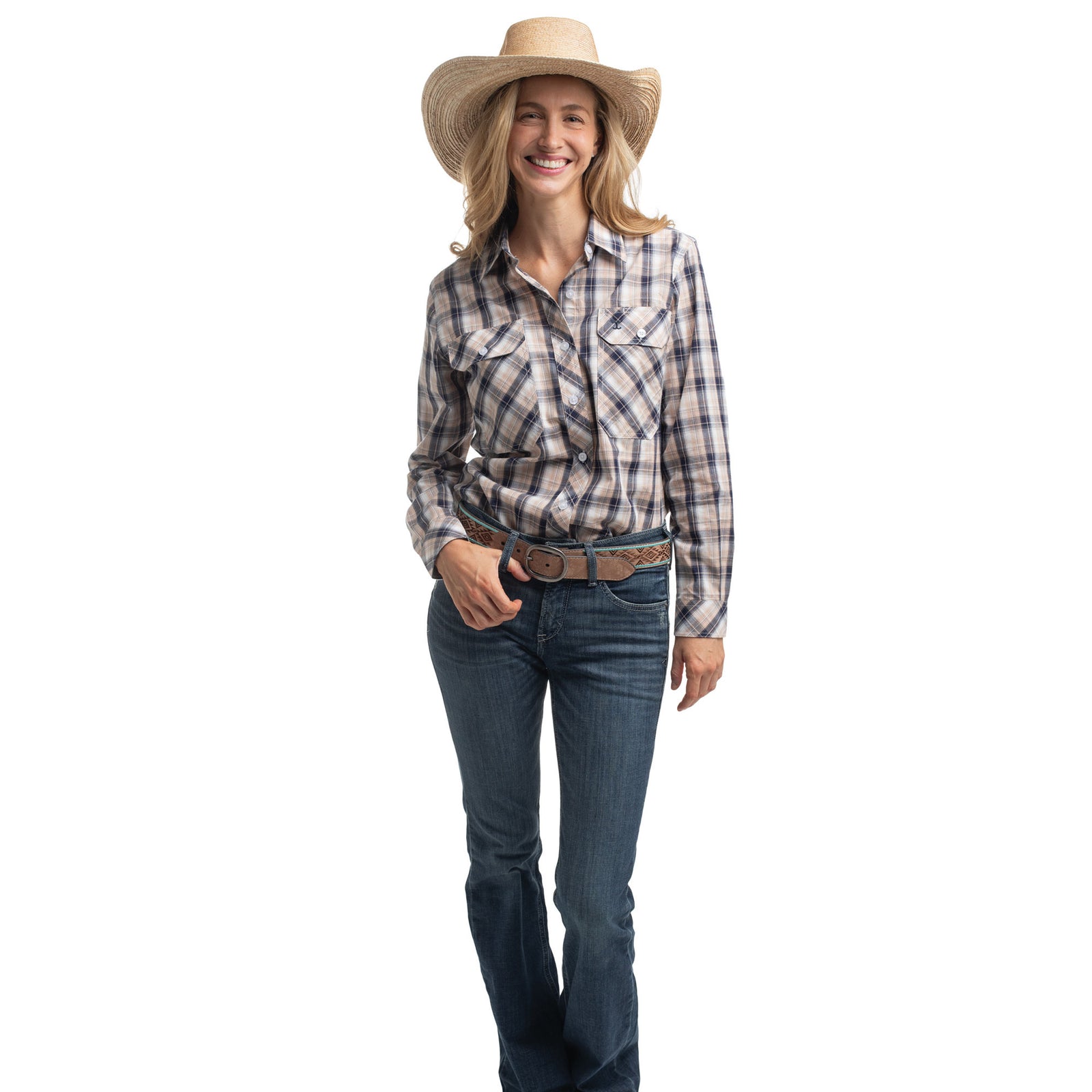 Woman wearing a plaid shirt, jeans, and a cowboy hat on a white background