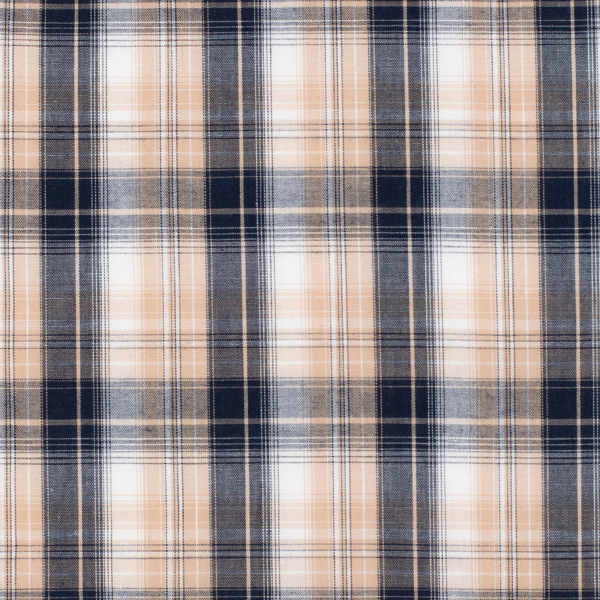 A close-up of a plaid fabric pattern with vertical and horizontal stripes in beige, navy blue, white, and thin gray lines.