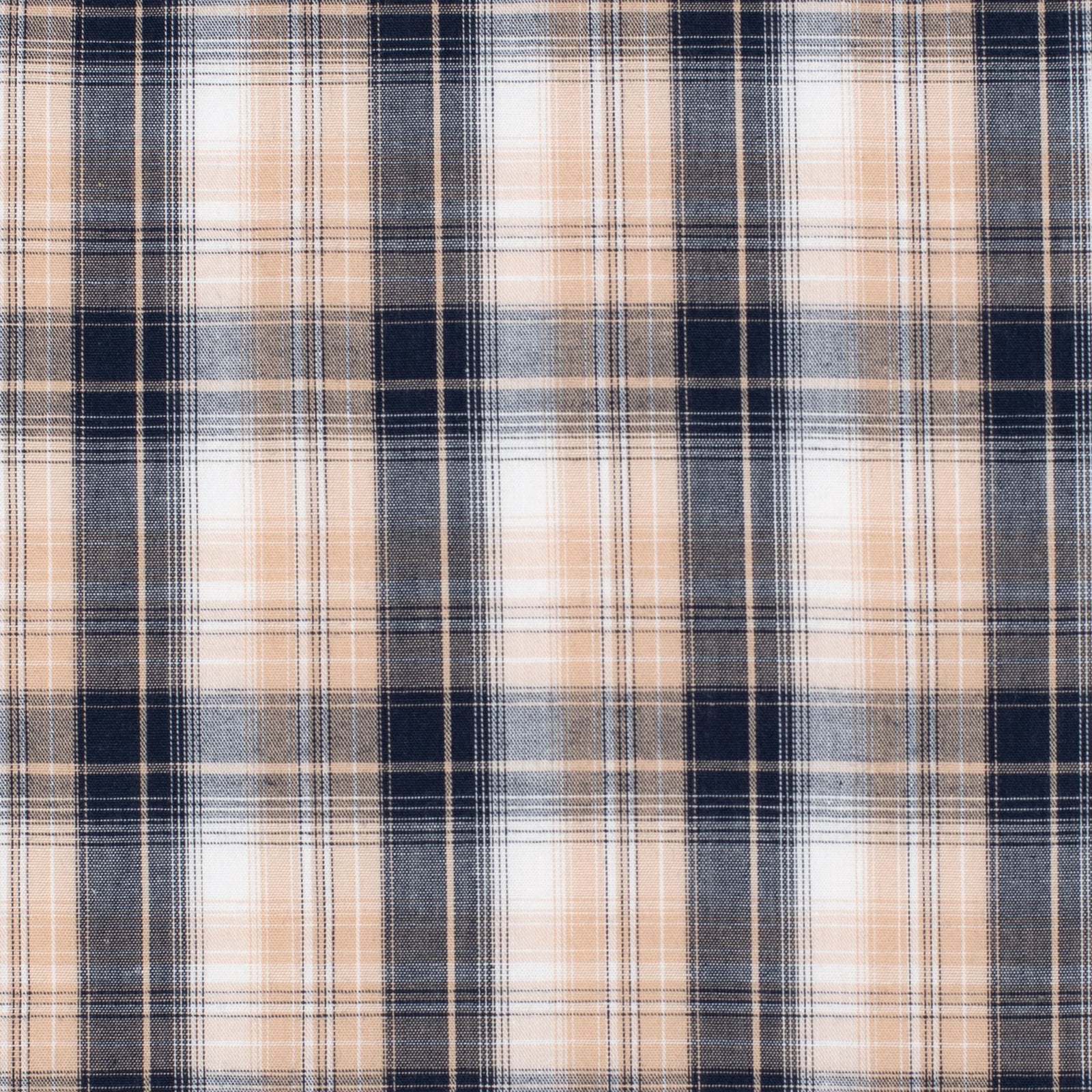A close-up of a plaid fabric pattern with vertical and horizontal stripes in beige, navy blue, white, and thin gray lines.
