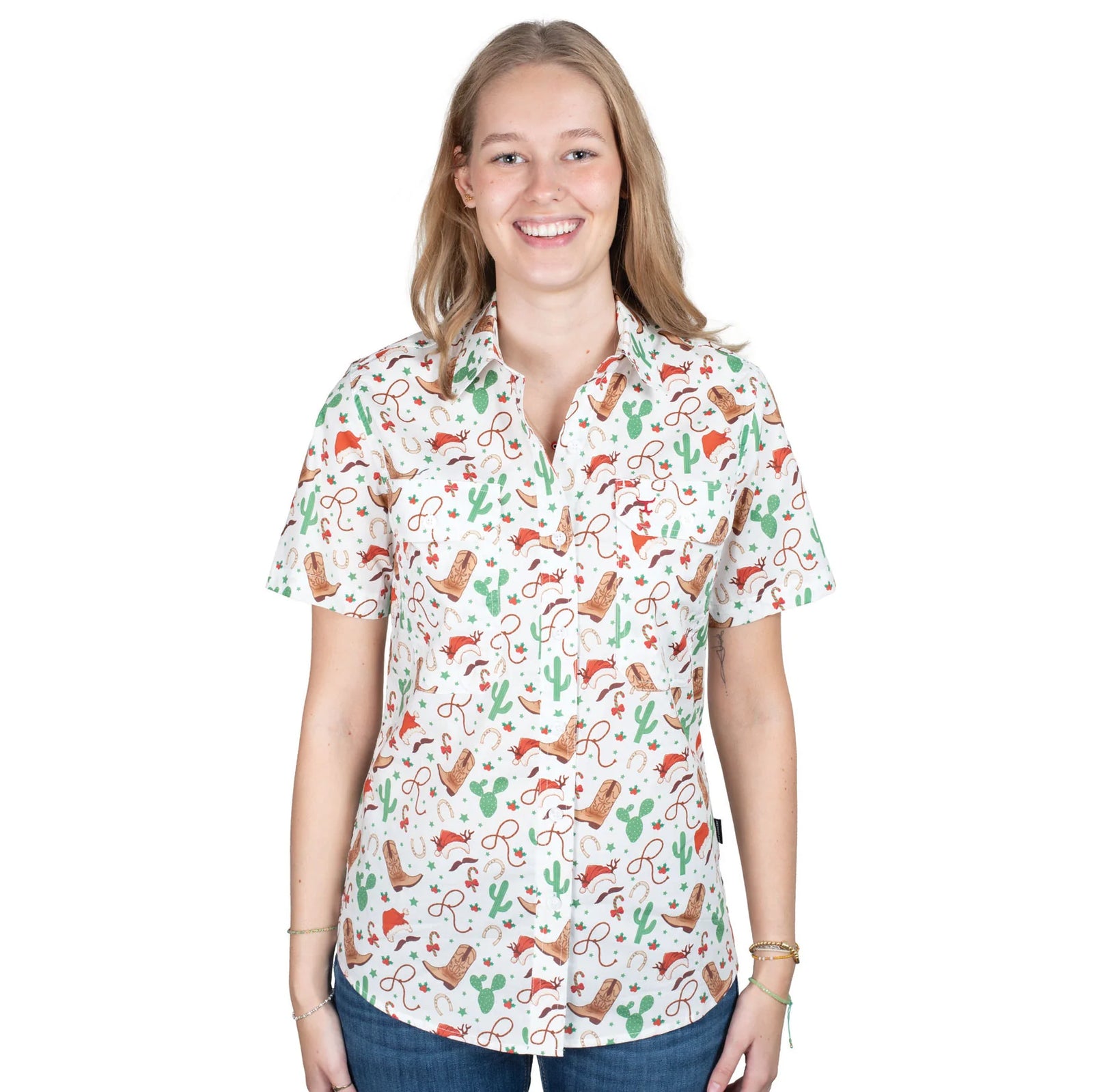 Just Country Women's Izzy Full Button Print Short Sleeve Christmas Shirt