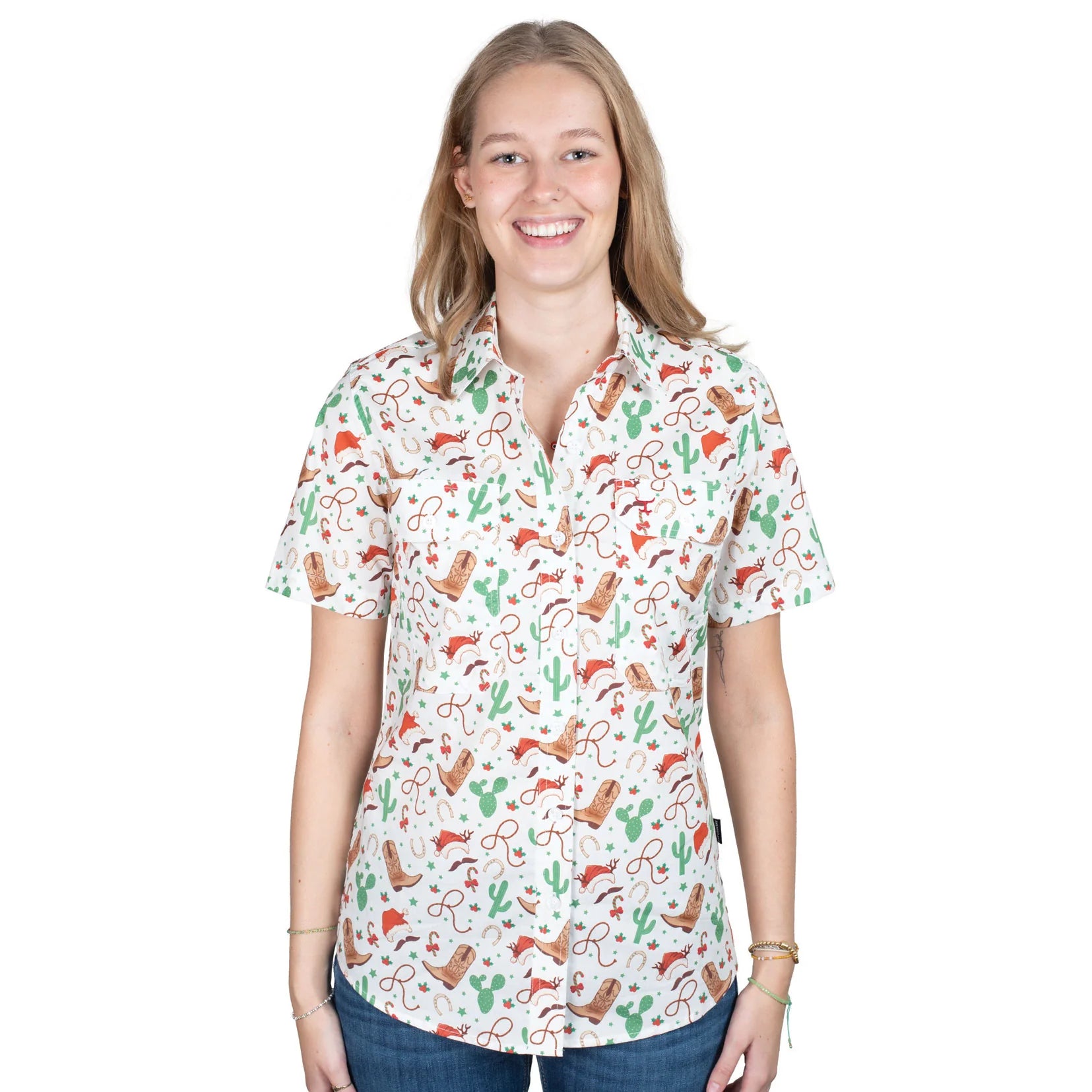 Just Country Women's Izzy Full Button Print Short Sleeve Christmas Shirt