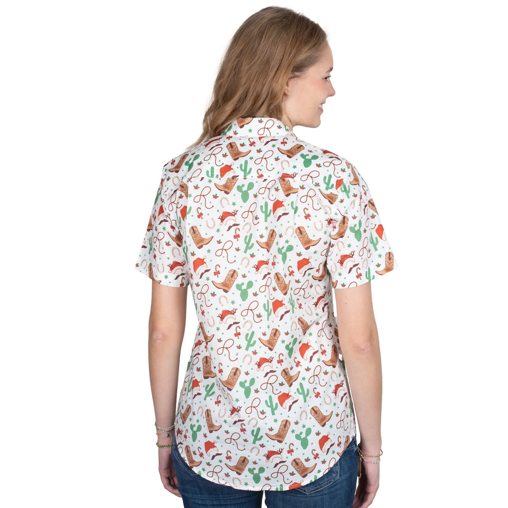 Just Country Women's Izzy Full Button Print Short Sleeve Christmas Shirt