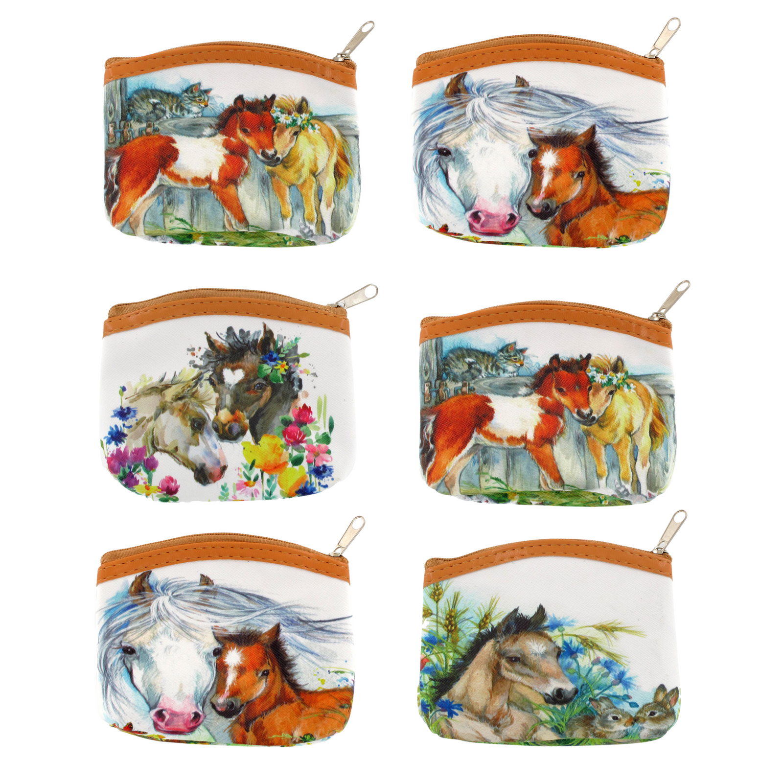 Horse Coin Purses. Set of six coin purses with horse designs on a white background
